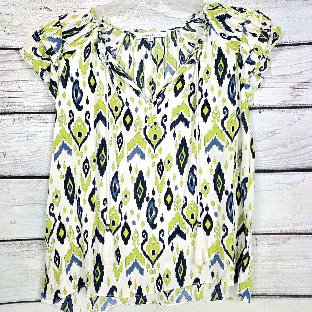 Rose + Olive Ikat Print Tassel Blouse Rayon M